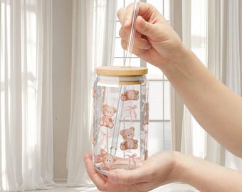 Girly Glass Tumbler: Coquette Teddy Bears Sipper Cup, Baby Shower Gift, Drinkware