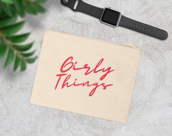 Girly Things Accessory Zipper Pouch: Cute Cotton Canvas Makeup Bag, Travel Accessories, Travel Essentials