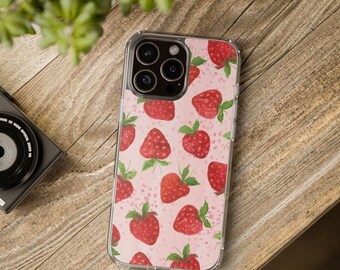 Summer Strawberries Phone Case, Girly Phone Case, Transparent Phone Cover, Stylish Phone Protector, Stylish Tech Gear, Trendy Mobile Case