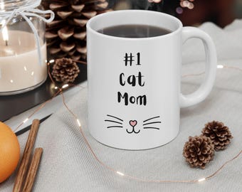 Cute Coffee Mug: #1 Cat Mom Ceramic Drink Mug, Pet Lover Gift, Drinkware