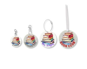 Personalized Book Lover Keychain, Reading Keychain, Custom Book Bag Tag, Watercolor Reading Charm