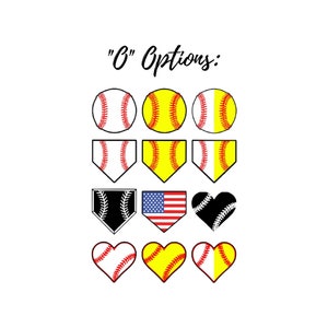 Puede incluir: Un gr&aacute;fico que muestra diferentes opciones de dise&ntilde;o para un art&iacute;culo con tem&aacute;tica de softbol. Las opciones incluyen una pelota de softbol, un plato de home, una bandera estadounidense, un coraz&oacute;n y un coraz&oacute;n con un dise&ntilde;o de pelota de softbol. El texto "C" Options: est&aacute; en la parte superior del gr&aacute;fico.