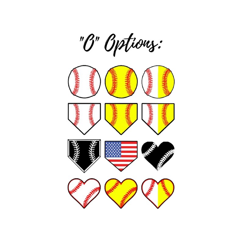 Puede incluir: Un gr&aacute;fico que muestra diferentes opciones de dise&ntilde;o para un art&iacute;culo con tem&aacute;tica de softbol. Las opciones incluyen una pelota de softbol, un plato de home, una bandera estadounidense, un coraz&oacute;n y un coraz&oacute;n con un dise&ntilde;o de pelota de softbol. El texto "C" Options: est&aacute; en la parte superior del gr&aacute;fico.