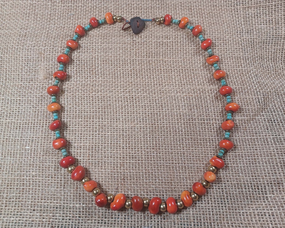 Polished Orange Mescal Bean Mission Necklace With Turquoise Etsy
