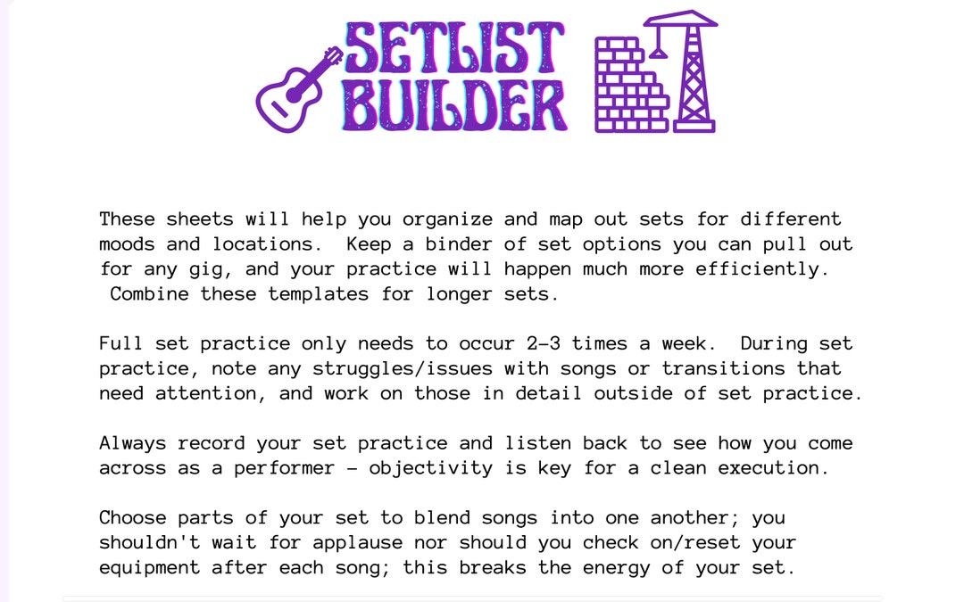 Setlist Builder Gig Setlist Template for Artists and Bands (Download