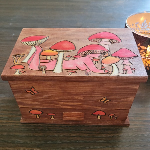 Mushroom Woman / Fairy Ring / Mushrooms/ Woodburned / Jewelry box / pyrography / Crystal / Trippy