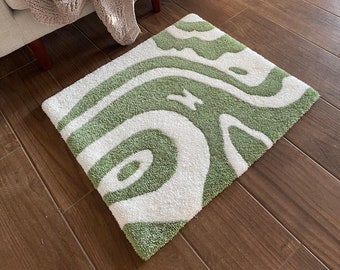 Swirly Green and Off White Tufted Rug for Bedroom, Office, Business