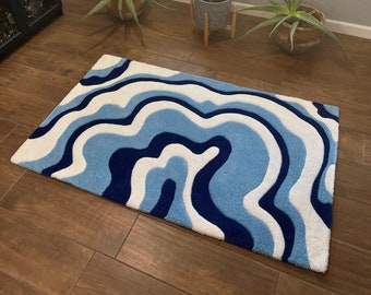 Blue and White Wave Rug, Customizable Wavy Tufted Rug, Area rug