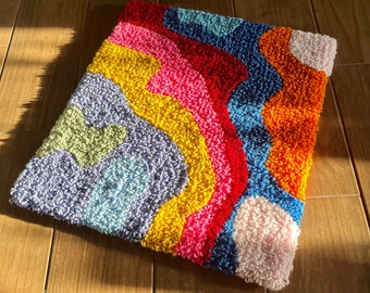 Groovy Psychedelic Multicolor Punch Needle Rug Colorful Handmade Pride Month Rug Custom Accent Rug 70s Style Hippie Decor