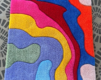 Groovy Psychedelic Multicolor Tufted Rug Colorful Handmade Pride Month Rug Custom Accent Rug 70s Style Hippie Decor