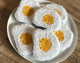 Sunny side up Egg Yarn Coasters, Set of 6 Custom Fried Egg Breakfast Punch Needle Coasters, Custom Handmade Coasters