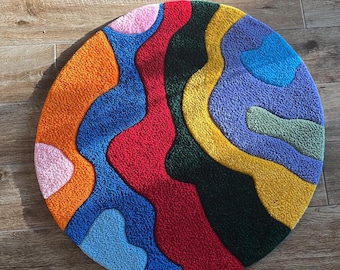 Groovy Psychedelic Round Tufted Rug Handmade Funky 70s Style Hippie Gift Colorful Pride Month Rugs