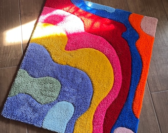 Groovy Psychedelic Multicolor Tufted Rug Colorful Handmade Pride Month Rug Custom Accent Rug 70s Style Hippie Decor