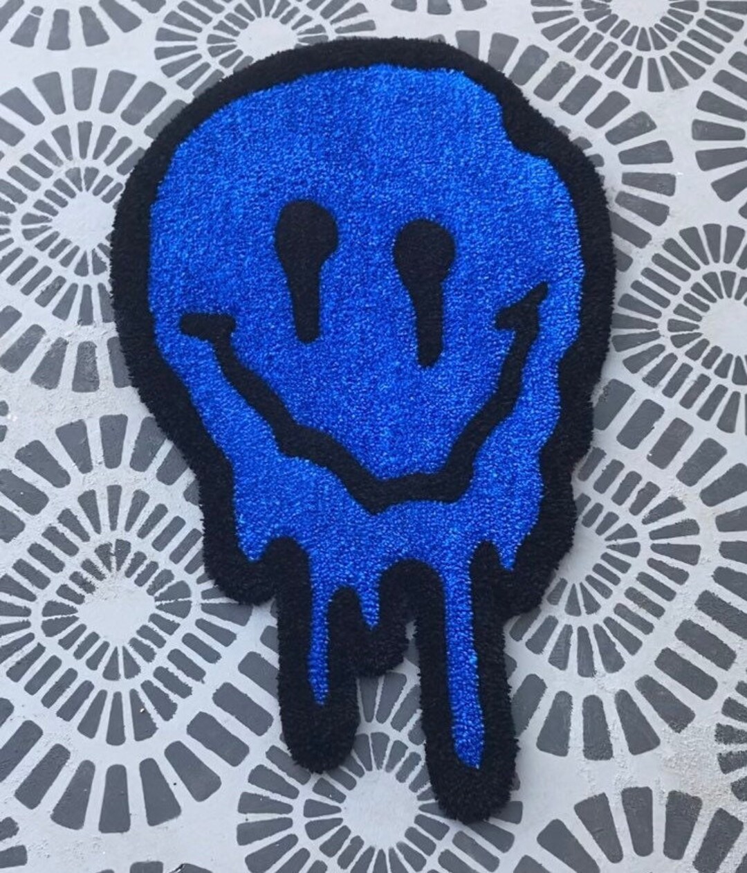 Trippy Blue Smiley Face Rug Melting Smiley Face Design Handmade Accent ...