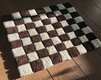 Off-White and Brown Checkered Tufted Rug Handmade Custom Rug Minimalist Design Accent Rug