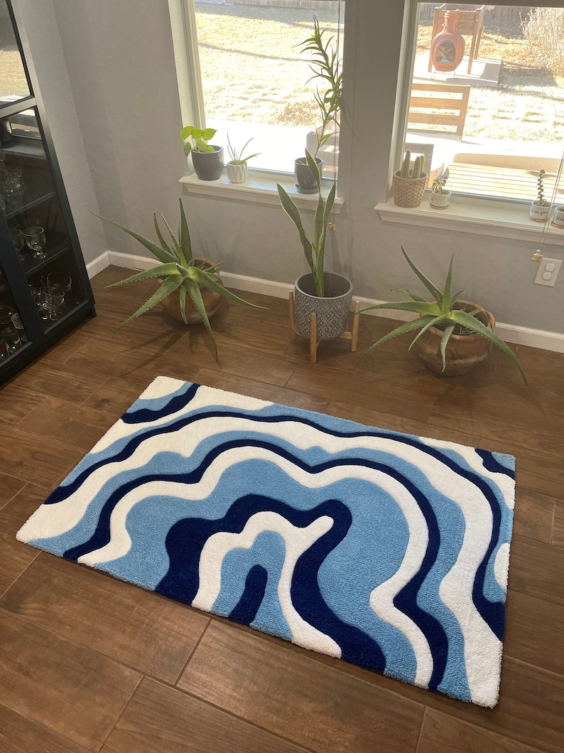 Blue White Shell Rug Blue and White Wave Rug, Customizable Wavy Tufted Rug, Area Rug - Etsy