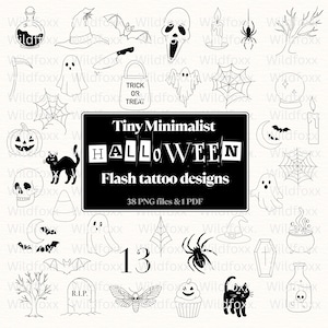 May include: A collection of tiny minimalist Halloween flash tattoo designs in black and white. The designs include a witch's hat, bats, ghosts, spiders, a skull, a pumpkin, and the text "Tiny Minimalist Halloween Flash tattoo designs".