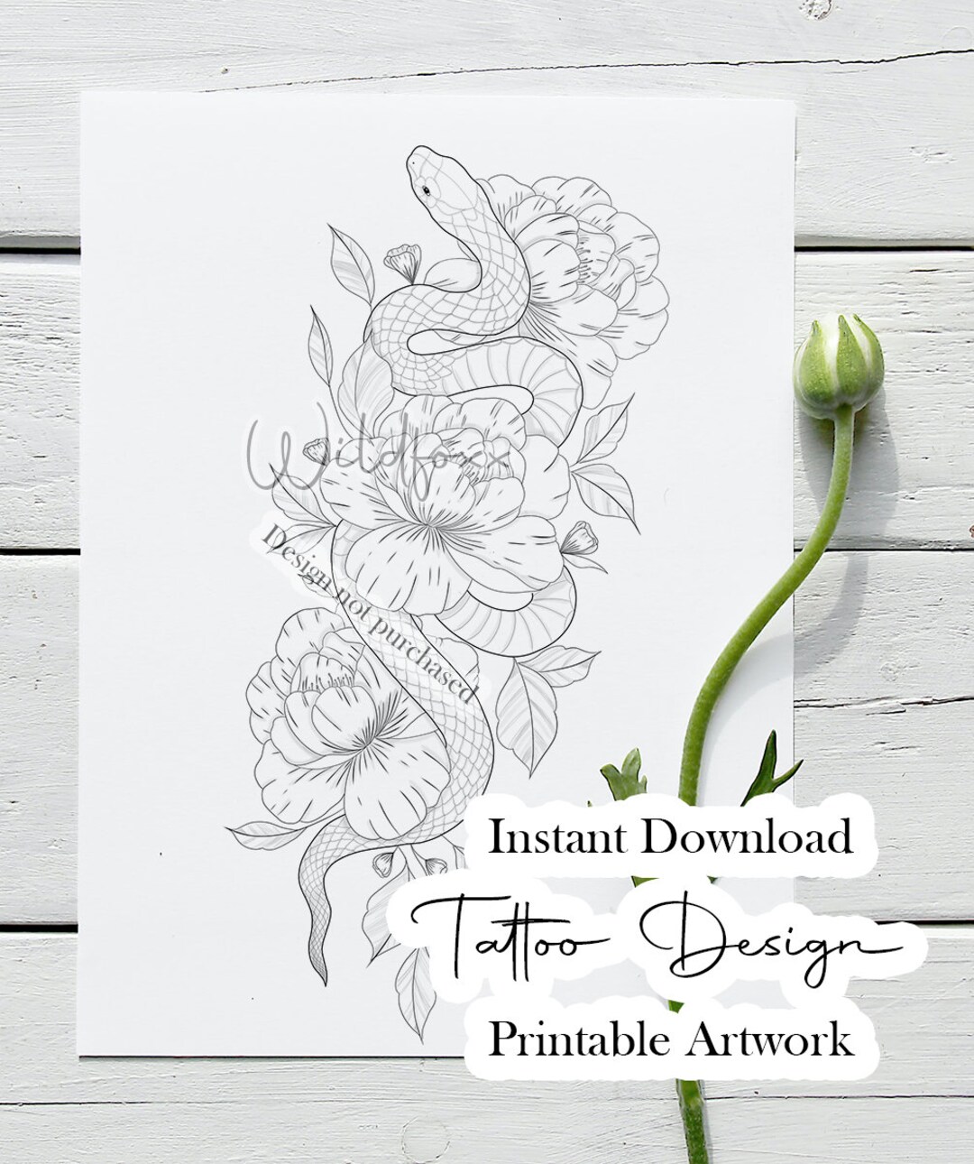 Snake and Flowers Tattoo Design Instant Download Tattoo Design Flash ...