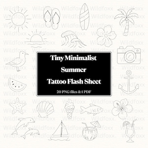 Tiny Minimalist Summer Tattoo Flash Sheet – 20 Line Art PNGs + 1 PDF | Beach Flash Art, Fine Line Tattoo Stencils, Summer Tattoo Designs