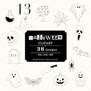 Puede incluir: Una colección de ilustraciones clipart de Halloween en blanco y negro que incluye una botella de poción, sombrero de bruja, árbol, telaraña, fantasma, calavera, lápida con R.I.P., murciélago, araña, cuchillo, polilla, calabaza y cupcake, con el texto HALLOWEEN CLIPART 38 Designs.