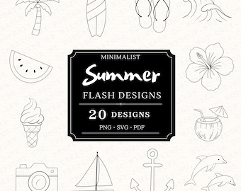 Minimalist Summer Tattoo Flash Sheet: Beach Fine Line Art (PNG + PDF + SVG)