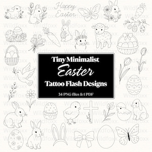 May include: A selection of tiny minimalist Easter tattoo flash designs in black and white. The designs include bunnies, eggs, butterflies, lambs, flowers, and the text "Happy Easter" and "Tiny Minimalist Easter Tattoo Flash Designs".
