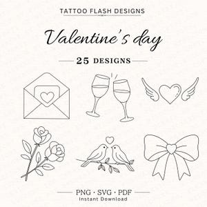 May include: A collection of black and white line art designs for Valentine's Day. The designs include an envelope with a heart, two wine glasses, a heart with wings, roses, birds, and a bow. Text reads "Valentine's day" and "25 DESIGNS".