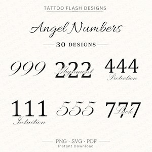 May include: Digital tattoo flash sheet featuring "Angel Numbers" in a minimalist design. The sheet includes numbers like 999, 222, 444, 111, 555, and 777, with associated words like "Alignment" and "Protection".