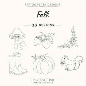 Può includere: Disegni di tatuaggi flash in bianco e nero a tema autunnale. I disegni includono un fungo, ghiande, edera, stivali di gomma, una zucca e uno scoiattolo. Il testo recita "Fall" e "36 Designs".
