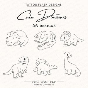 Lámina de diseños para tatuajes de dinosaurios / Arte minimalista de dinosaurios (Descarga digital - PNG-PDF-SVG)