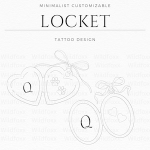 Peut inclure: Design de tatouage de médaillon personnalisable minimaliste. L'image présente plusieurs médaillons dans un style de dessin au trait. Un médaillon est en forme de cœur avec la lettre "Q" et des empreintes de pattes. Un autre médaillon est rond avec la lettre "Q" et deux cœurs.