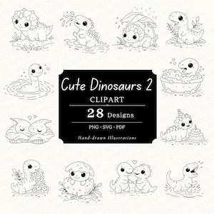 May include: A collection of 28 black and white line art dinosaur illustrations labelled Cute Dinosaurs 2 CLIPART PNG SVG PDF Hand-drawn Illustrations. The images feature various baby dinosaurs in different activities like bathing, eating, and playing.