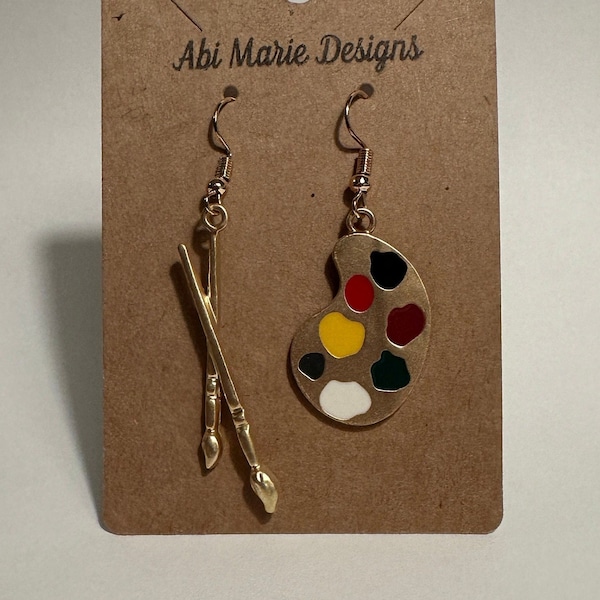 Gold Dangle Earrings with Paint Brushes & Palette - Artist Inspired Jewelry, Handcrafted Painter's Accessory, Unique Artistic Gift for Her