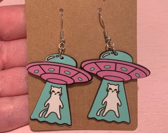 UFO Alien Abduction Cat in a Spaceship Dangle Earrings Multicolored