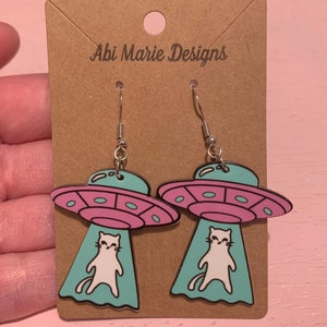 UFO Alien Abduction Cat in a Spaceship Dangle Earrings Multicolored