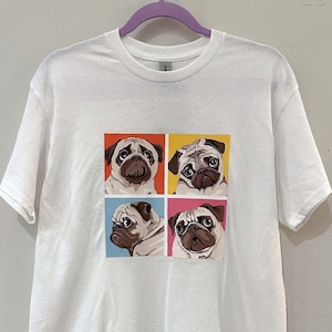 Cute Pugs T-Shirt - Unisex Medium Gildan Heavy Cotton in White, Pug Cartoon Design, Pug Dog Mom Gift, Colorful Design, Fun Pug Meme Tee