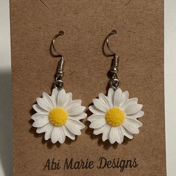 Daisy Flower Dangle Earrings - Handcrafted Floral Jewelry, Spring Fashion Accessory, Delicate White and Yellow Earrings, Gift for Her