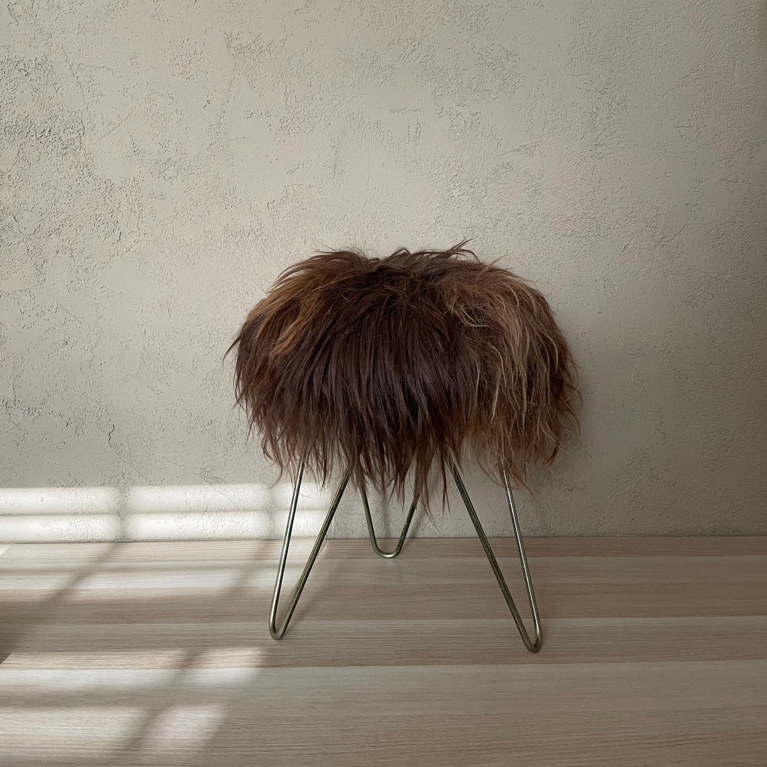 Vintage Tripod Fluffy Stool on Hairpin Legs Lammy Wool Ottoman Etsy