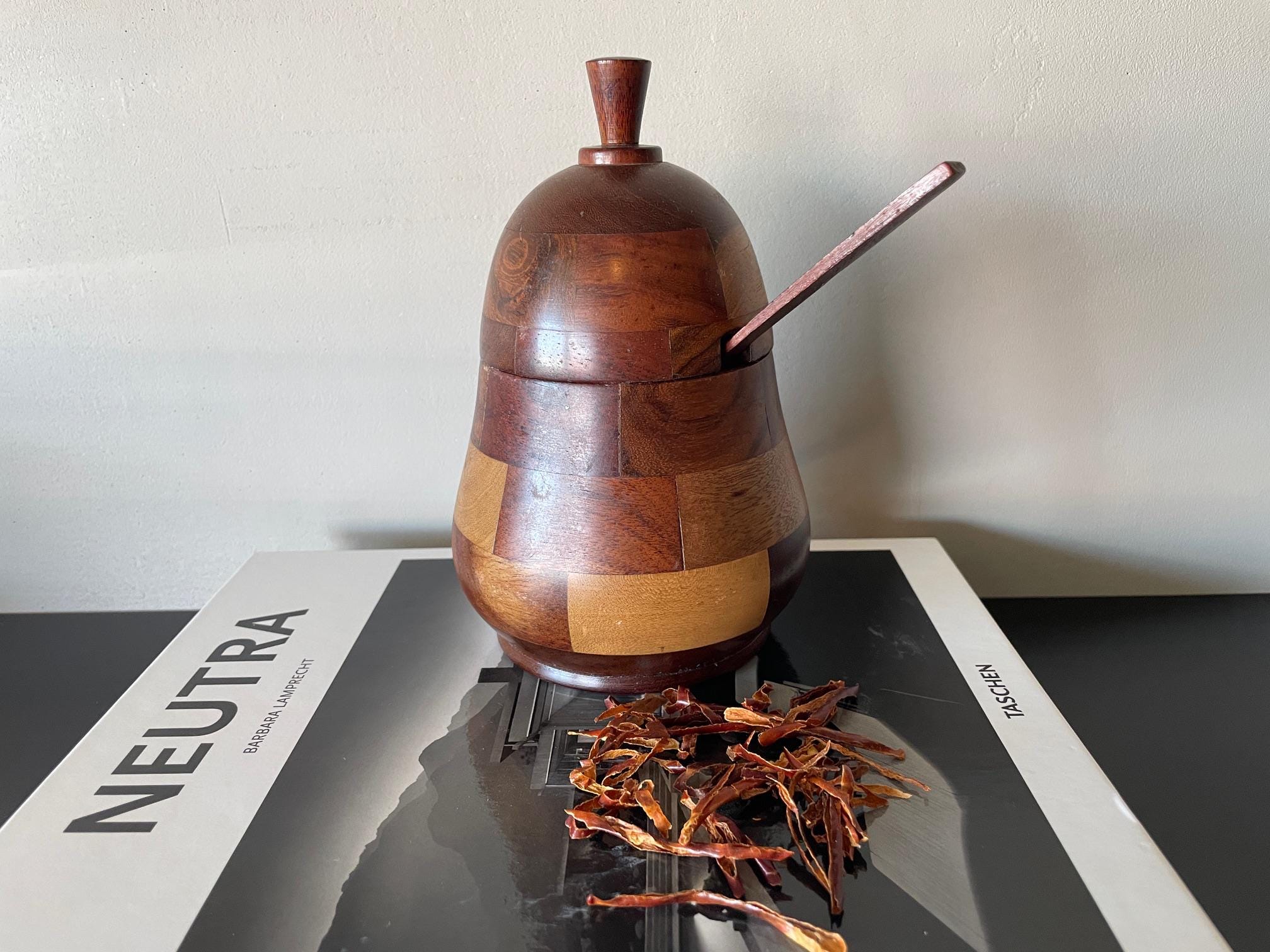 Vintage Pear Shaped Multi Wood Lidded Jar with Spoon 1970s, Rustic Tablescape , Hygge Storage Jar, Wabi Sabi Table Setting