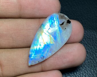 Dazzling Quality ! Blue Flashy Rainbow Moonstone Cabochon Hand Made Gemstone Long Pear Shape Size - 17x35x6.50 Mm. For Making All Jewelry.!!