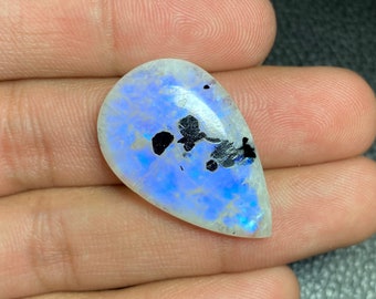 AAA Blue Fire Rainbow Moonstone Pear Shape Cabochon Size - 20x31.50x6.50 Mm. With Black Tourmaline Loose Gemstone For Making All Jewelry.!!