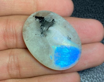 Cutest ~  Blue Fire Rainbow Moonstone Both Side Polish Cabochon Size - 26x35.50x7 Mm. Terrific Oval Shape Gemstone For Making All Jewelry.!!