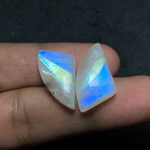 以下が含まれることがあります： 研磨されたムーンストーンの宝石が2つ。石は白で、虹色の青と黄色のきらめきがあります。宝石はユニークな形にカットされており、片側が湾曲し、もう片側がまっすぐになっています。