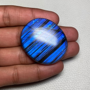 Lining Blue Fire Labradorite Size - 37x42.50x7.50 MM Flat Back Oval Shape Labradorite Loose Gemstone Cabochon For Making Jewelry