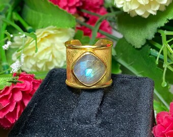 Gold Plated Brass Ring, Adjustable Square Labradorite Gemstone
