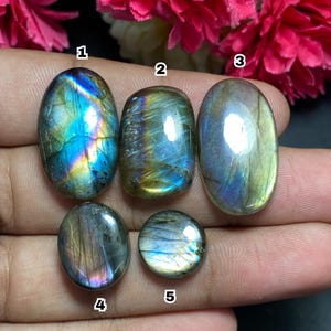 May include: Five polished labradorite gemstones in various shapes. The stones display iridescent flashes of blue, green, and gold. The shapes include oval, round, and oblong, with a polished, smooth surface. The gemstones are held in a hand.