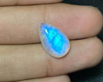 Very Fine ~~ Blue Flashy Rainbow Moonstone Size - 11x18x7 Mm. 10.60 Carat. Flat Back Pear Shape Cabochon Loose Gemstone Use For Her.