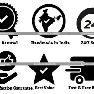 Puede incluir: Iconos en blanco y negro que representan la garant&iacute;a de calidad, hecho a mano en India, servicio 24/7, garant&iacute;a de satisfacci&oacute;n del 100%, la mejor relaci&oacute;n calidad-precio y env&iacute;o r&aacute;pido y gratuito.