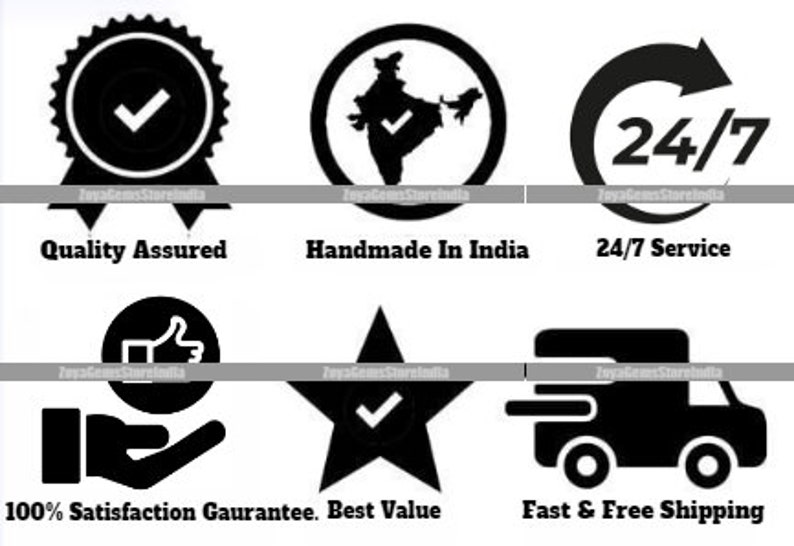 Puede incluir: Iconos en blanco y negro que representan la garant&iacute;a de calidad, hecho a mano en India, servicio 24/7, garant&iacute;a de satisfacci&oacute;n del 100%, la mejor relaci&oacute;n calidad-precio y env&iacute;o r&aacute;pido y gratuito.