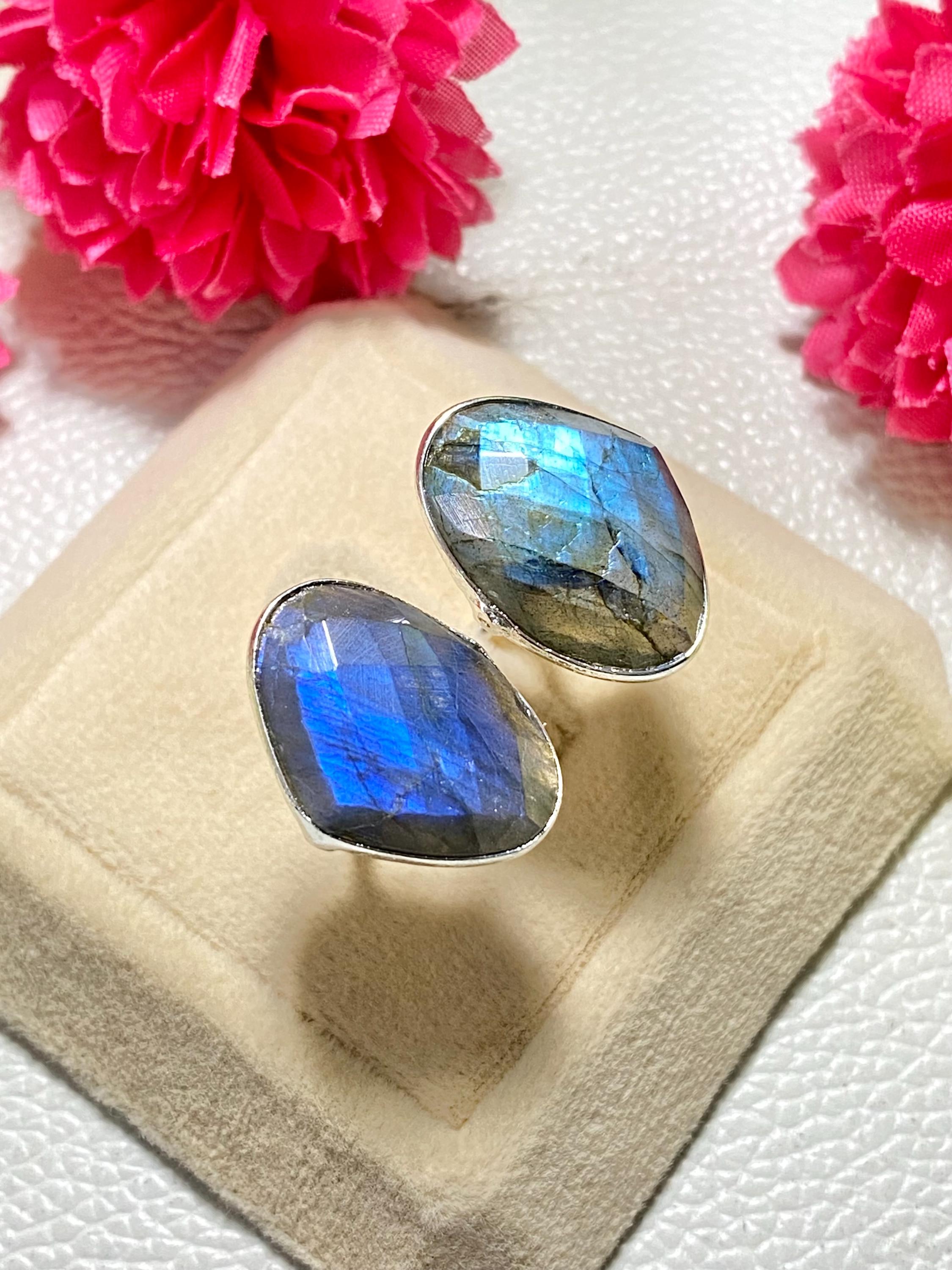 Labradorite Silver Plated Ring, Adjustable Double Heart Gemstone